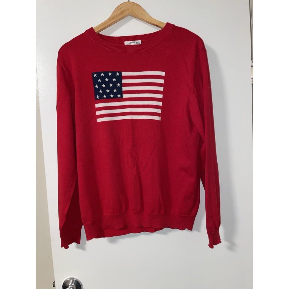VTG Stitches In Time Flag Long Sleeve Pullover Sweater Wmns Sz Lg Crew Neck 90s